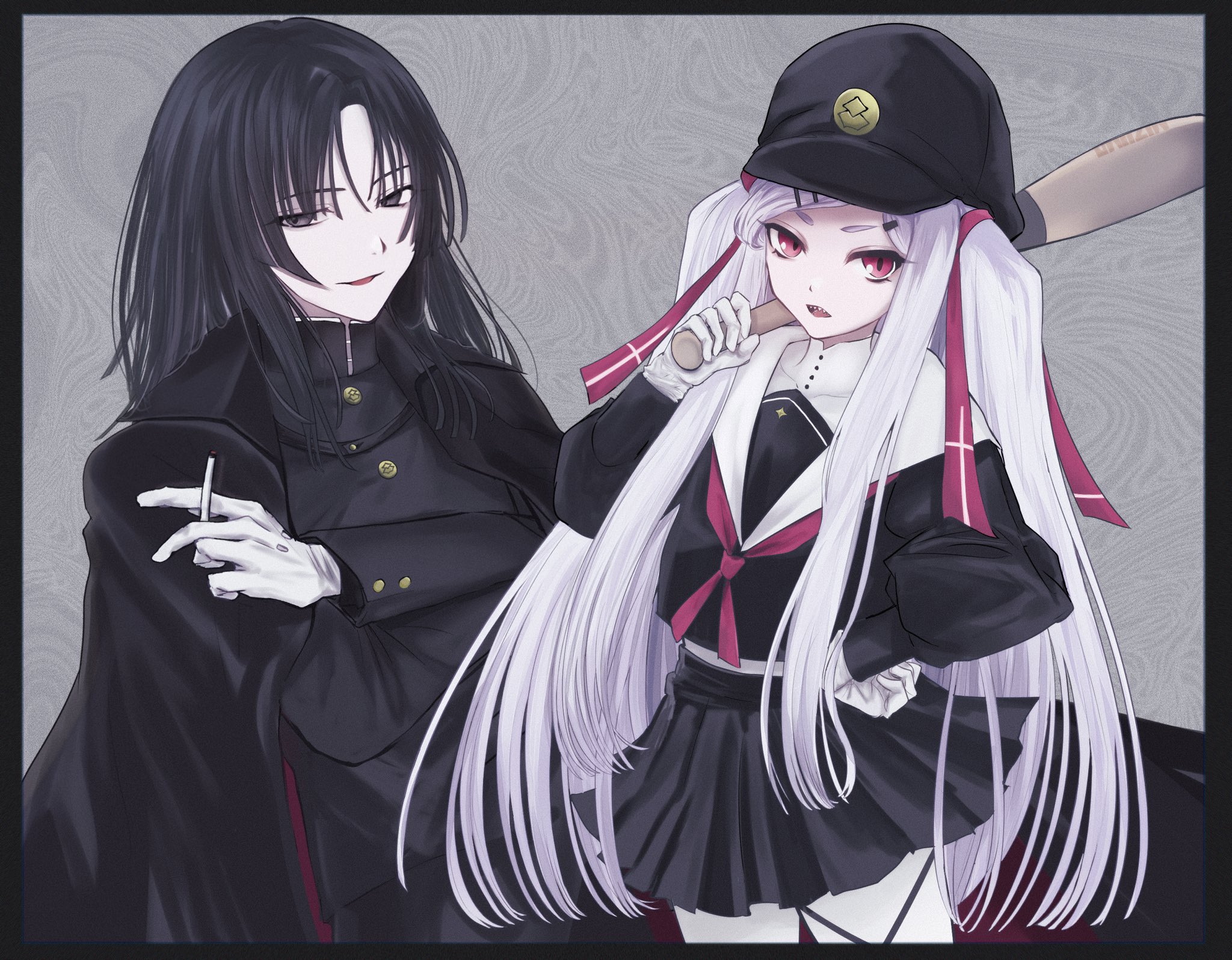 1boy 1girl baseball_bat black_eyes black_hair black_shirt black_skirt cigarette cowboy_shot gakuran gakuseibou geminism gloves hair_ribbon hat highres hirosoma_shinku holding holding_baseball_bat holding_cigarette long_hair looking_at_viewer medium_hair mmntmrt neckerchief open_mouth red_eyes red_neckerchief red_ribbon ribbon sailor_collar school_uniform serafuku sharp_teeth shirt sidelocks skirt teeth tsukishiro_tsukishiro two_side_up white_gloves white_hair white_sailor_collar