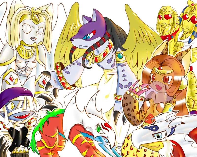 animal_ears anubimon bastemon cat cat_ears cat_girl cat_tail crests_(digimon) digimon holsmon mask mummy mummymon nefertimon pharaohmon sethmon tail