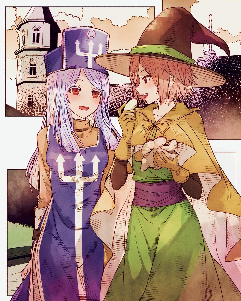 2girls blue_hair blue_tabard bodysuit breasts brown_bodysuit brown_eyes brown_hair cape commentary_request cowboy_shot dragon_quest dragon_quest_iii dress food gloves green_dress hat highres holding holding_food light_blush long_hair looking_at_another mage_(dq3) medium_breasts mirrorclew mitre multiple_girls open_mouth parted_bangs priest_(dq3) red_eyes short_hair smile swept_bangs tabard tower witch witch_hat yellow_cape yellow_gloves