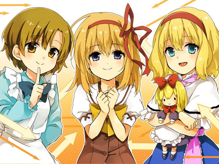 4girls alice_margatroid arrow_(symbol) blonde_hair blue_dress blue_eyes bokujou_monogatari brown_hair character_request doll hugging_doll dress elli_(bokujou_monogatari) fuyou_kaede hairband holding holding_doll looking_at_viewer medium_hair multiple_girls hugging_object red_hairband shanghai_doll short_hair shuffle! sugu016406 touhou yellow_eyes