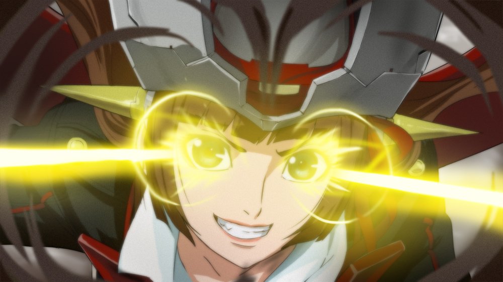 1girl brown_eyes brown_hair glowing glowing_eyes haruyama_kazunori hat long_hair looking_at_viewer mazinger_(series) mazinger_z mazinger_z:_infinity parody robot_girls_z smile solo teeth z-chan