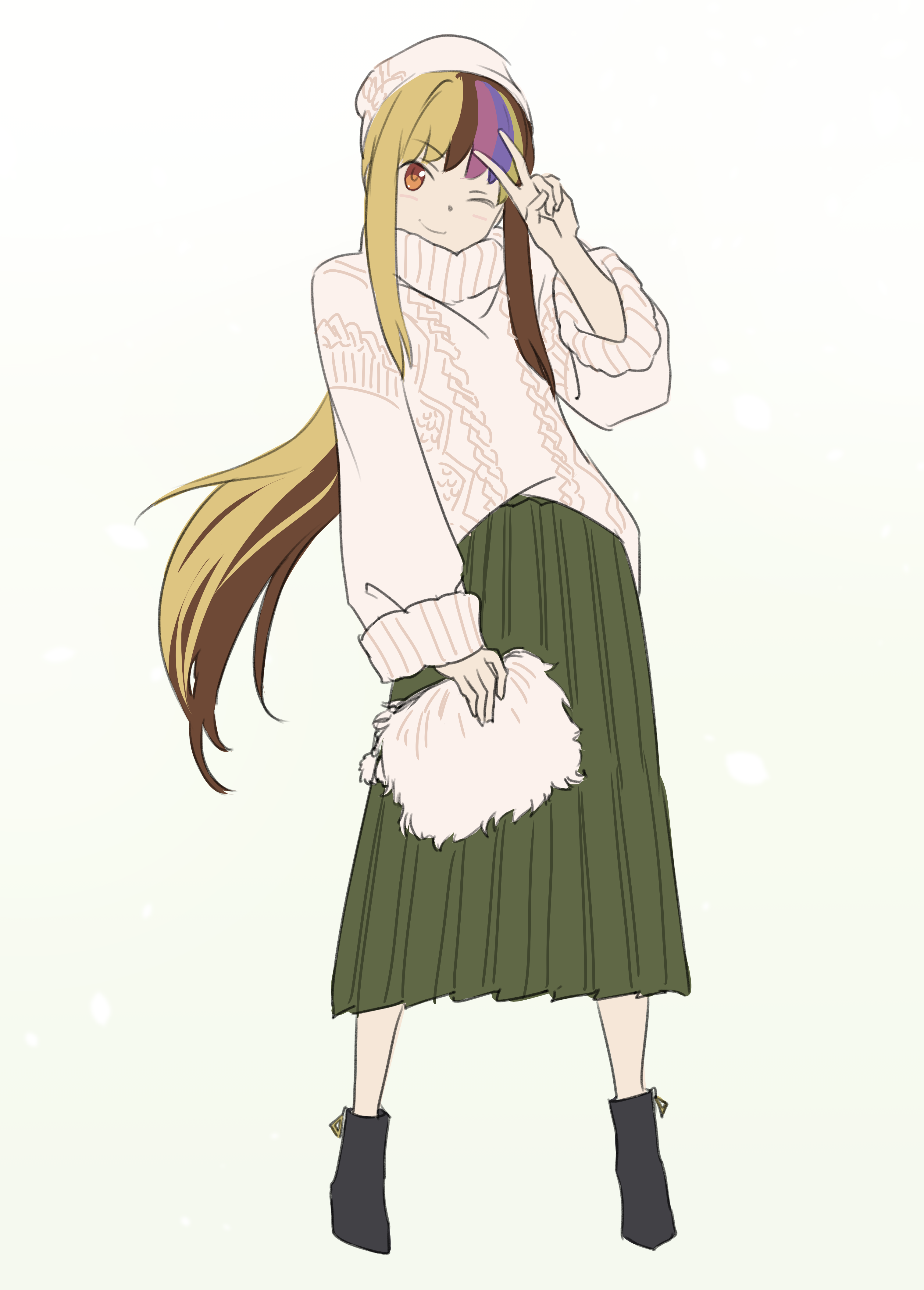 1girl absurdres bag black_footwear brown_eyes brown_hair commentary contrapposto full_body fur_trim galaco galaco_(neo) green_background green_skirt hand_up handbag hat highres holding holding_bag knit_hat knit_sweater long_hair long_skirt looking_at_viewer multicolored_hair one_eye_closed pleated_skirt skirt smile solo standing streaked_hair sweater tarokazu v very_long_hair vocaloid white_hat