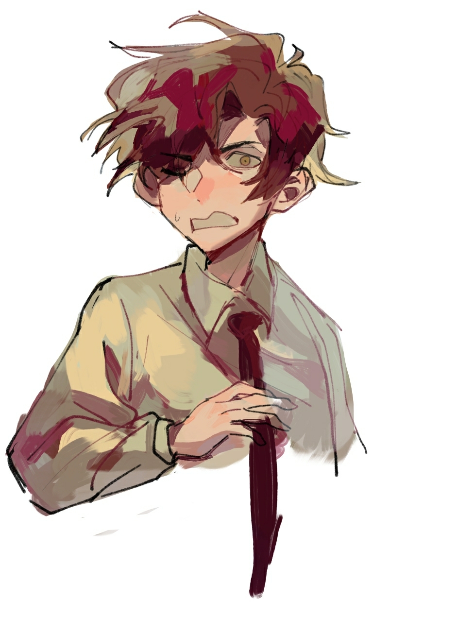1boy beiquqian black_necktie character_request chinese_commentary clenched_teeth collared_shirt commentary_request copyright_request cropped_torso highres long_sleeves male_focus necktie one_eye_closed red_hair shirt short_hair simple_background solo sweat teeth white_background white_shirt yellow_eyes