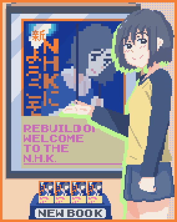 1girl arm_at_side black_eyes black_hair black_shirt black_skirt blue_shirt blush bob_cut book border breasts closed_mouth colored_shadow commentary cowboy_shot denim denim_skirt drop_shadow english_text from_side hand_up looking_at_viewer looking_to_the_side mixed-language_text nakahara_misaki nhk_ni_youkoso! orange_border pixel_art poster_(object) raglan_sleeves shadow shirt short_hair skirt small_breasts smile solo translated very_long_sleeves watashi_(fdhas6uigh2e3) yellow_shirt
