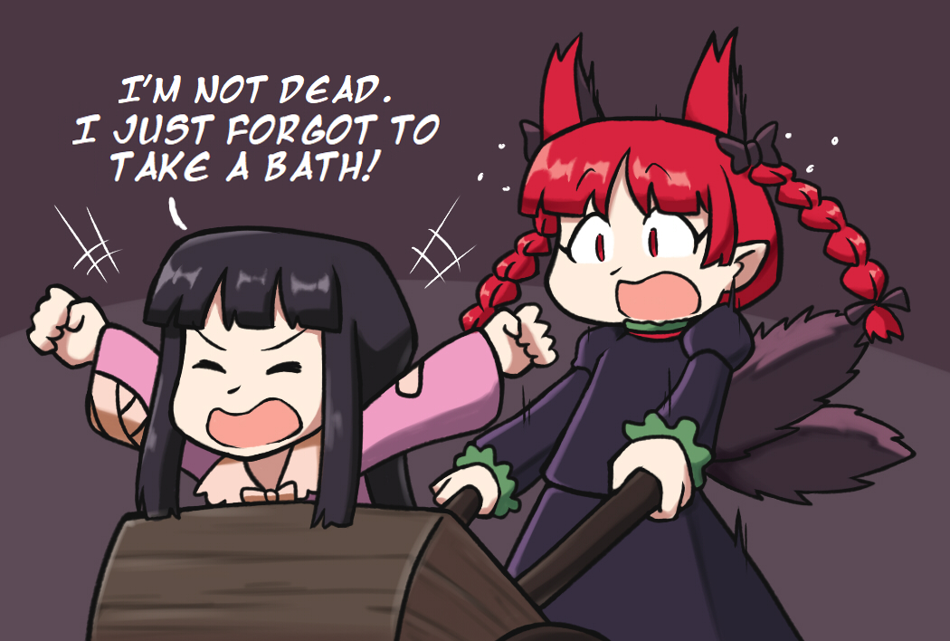 2girls animal_ears bandages black_background black_bow black_hair black_shirt black_skirt blunt_bangs bow braid cat_ears cat_girl cat_tail commentary commentary_typo edgycat english_commentary english_text extra_ears flying_sweatdrops hair_bow hime_cut houraisan_kaguya juliet_sleeves kaenbyou_rin long_hair long_sleeves medium_hair multiple_girls open_mouth puffy_sleeves red_eyes red_hair shirt side_braids simple_background skirt tail touhou twin_braids v-shaped_eyebrows wheelbarrow