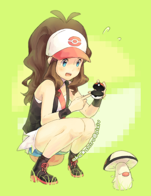 10s 1girl baseball_cap blue_eyes brown_hair closed_eyes female_focus foongus full_body gen_5_pokemon hat hilda_(pokemon) long_hair mushroom nature nintendo open_mouth outdoors plant pointing poke_ball pokemon pokemon_(creature) pokemon_bw shorts squatting star_(symbol) starbottle sweatdrop wristband