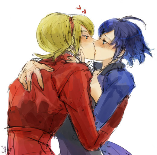 1boy 1girl androgynous ash_crimson blonde_hair blue_eyes blue_hair blush elisabeth_blanctorche eye_contact headband heart hetero kiss looking_at_another muse_(rainforest) short_hair simple_background the_king_of_fighters upper_body white_background