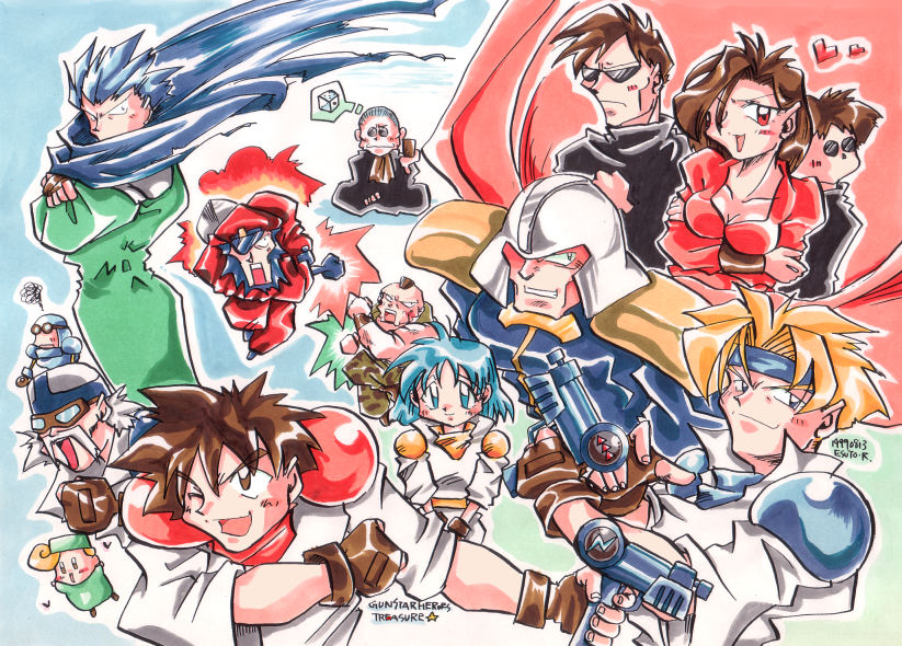 black_(gunstar_heroes) dr._brown general_gray gradient_background green_(gunstar_heroes) gunstar_blue gunstar_heroes gunstar_red kain_(gunstar_heroes) kotaro_(gunstar_heroes) orange_(gunstar_heroes) pink_(gunstar_heroes) smash_daisaku_(gunstar_heroes) yellow_(gunstar_heroes)
