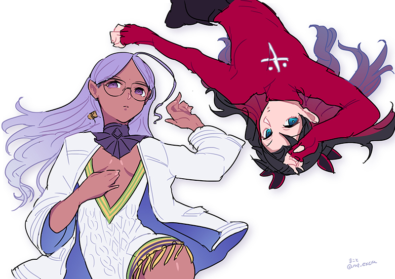 2girls applechoc black_hair black_ribbon black_skirt blue_eyes closed_mouth coat commentary_request dark-skinned_female dark_skin fate/extra fate_(series) glasses hair_ribbon long_hair long_sleeves looking_at_viewer lying multiple_girls open_clothes open_coat purple_eyes purple_hair rani_viii red_sweater ribbon simple_background skirt sweater tohsaka_rin_(fate/extra) twitter_username two_side_up white_background white_coat