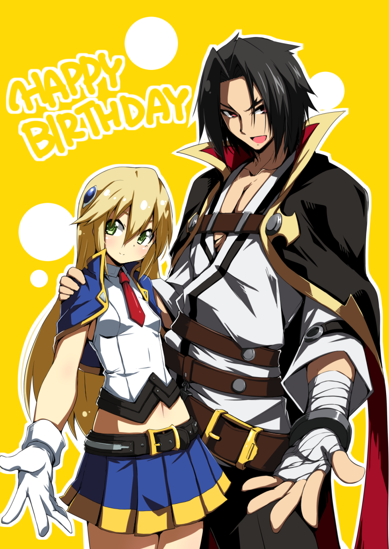 1boy 1girl :d bandages belt black_hair blazblue blazblue:_chronophantasma blonde_hair blue_skirt cape capelet cowboy_shot forked_eyebrows gloves green_eyes happy_birthday kagura_mutsuki kaname_nagi long_hair looking_at_viewer necktie noel_vermillion open_mouth outstretched_hand parted_bangs pleated_skirt red_eyes red_necktie shirt skirt sleeveless sleeveless_shirt smile white_gloves white_shirt yellow_background