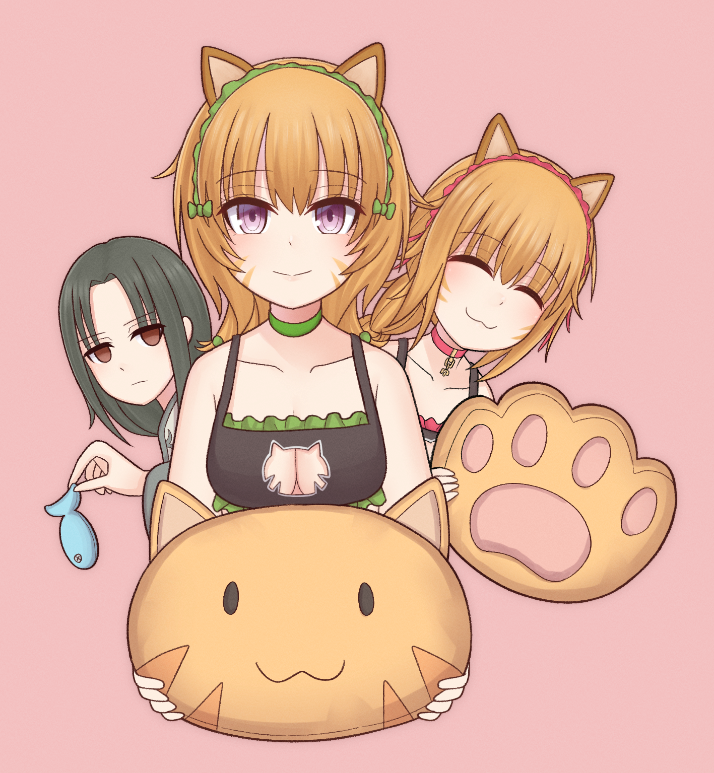 1girl 2girls :3 animal animal_ears animal_hands atorie black_hair bow breasts cat_ears cat_girl cat_lingerie cat_paws choker cleavage cleavage_cutout closed_eyes clothing_cutout collar commission commissioner_upload cushion empty_eyes facepaint facial_mark fire_emblem fire_emblem:_path_of_radiance fire_emblem:_radiant_dawn fish green_choker green_headband hair_bow hairband headband highres holding holding_animal holding_cushion holding_fish laguz_(fire_emblem) lethe_(fire_emblem) lyre_(fire_emblem) meme_attire multiple_girls nintendo orange_hair pink_background pink_collar pink_headband pixiv_commission purple_eyes red_eyes siblings sisters smile soren_(fire_emblem) twins whisker_markings