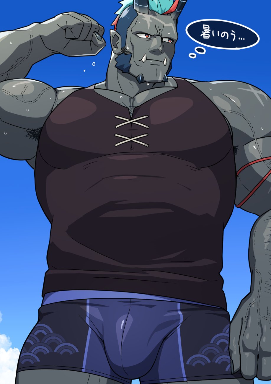 1boy another_eidos-r aqua_hair armpit_hair bara biceps black_tank_top blue_hair blue_male_swimwear bulge colored_skin cowboy_shot cross-laced_slit demon_boy earrings edamamego facial_hair flexing from_below grey_skin habaki_(another_eidos) highres jewelry large_pectorals male_focus male_swimwear medium_sideburns monster_boy muscular muscular_male no_eyebrows official_alternate_costume pectorals pointy_ears red_hair scar scar_on_chin scar_on_face sideburns_stubble solo sparse_arm_hair sparse_chest_hair stubble swim_briefs tank_top tusks veins veiny_arms wet