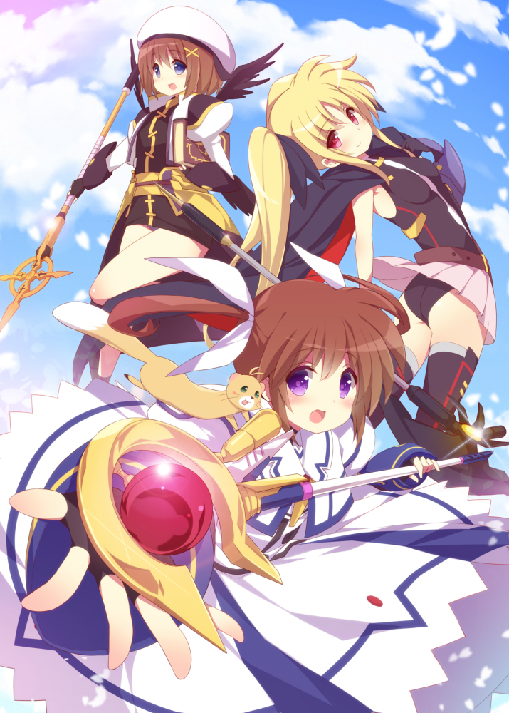 3girls ass bardiche_(axe_form)_(nanoha) bardiche_(nanoha) belt black_cape black_dress black_gloves black_leotard black_wings blonde_hair blue_eyes blush brown_hair cape cloud day dress fate_testarossa fate_testarossa_(lightning_form)_(2nd) ferret fingerless_gloves foreshortening gloves hair_ornament hair_ribbon hat jacket leotard lyrical_nanoha magazine_(weapon) magical_girl mahou_shoujo_lyrical_nanoha mahou_shoujo_lyrical_nanoha_a&#039;s mahou_shoujo_lyrical_nanoha_the_movie_2nd_a&#039;s multiple_girls open_clothes open_jacket open_mouth panties pantyshot pink_skirt purple_eyes raising_heart raising_heart_(device_mode)_(1st) red_eyes red_hair ribbon schwertkreuz skirt sky smile staff takamachi_nanoha takamachi_nanoha_(sacred_mode)_(2nd) thighhighs tome_of_the_night_sky twintails underwear waist_cape watanon_(gakushokutei) white_dress white_panties wings x_hair_ornament yagami_hayate yuuno_scrya