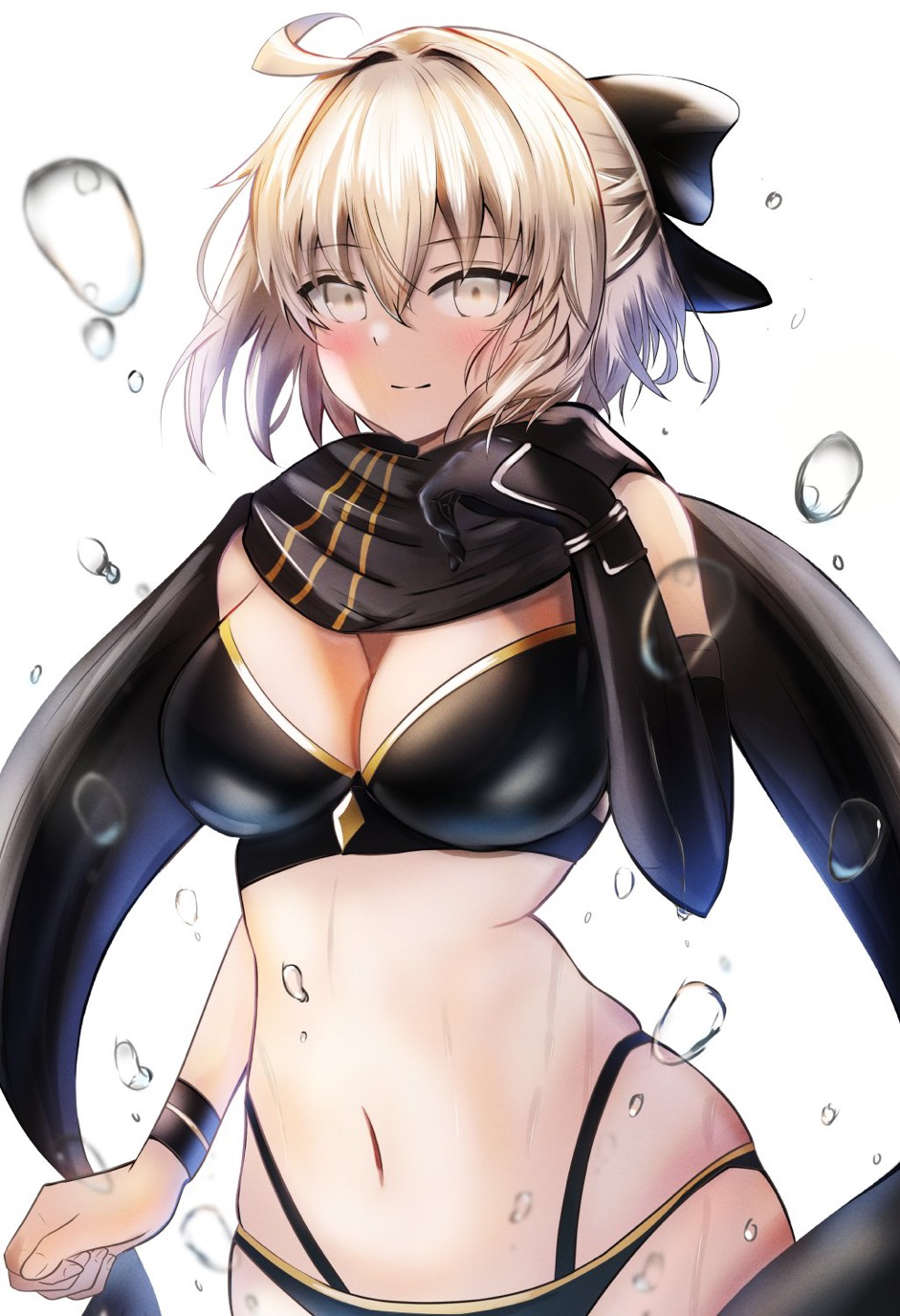 1girl ahoge bare_shoulders bikini black_bikini black_bow black_gloves black_scarf blonde_hair blush bow breasts cleavage elbow_gloves fate/grand_order fate_(series) gloves hair_bow half_updo highleg highleg_bikini highres large_breasts looking_at_viewer okita_j._souji_(fate) okita_j._souji_(first_ascension)_(fate) okita_souji_(fate) scarf short_hair single_glove smile solo swimsuit umi_endu water_drop wristband yellow_eyes