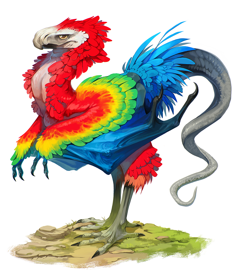 animal_focus beak bird bird_wings chimera claws commentary dinosaur english_commentary feathers full_body hanghul jitome looking_at_viewer macaw monster no_humans original parrot raptor scales simple_background snake_tail solo tail talons white_background wings yellow_eyes