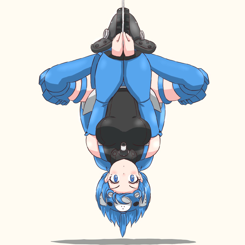 1girl backpack bag black_boots blue_bag blue_eyes blue_hair blue_thighhighs boots breasts cannon closed_mouth commentary_request dot_mouth full_body ghost_in_the_shell hanging headset large_breasts looking_at_viewer mukouyama_mu personification short_hair simple_background solo straight-on tachikoma thigh_strap thighhighs topknot upside-down v-shaped_eyebrows white_background yellow_background