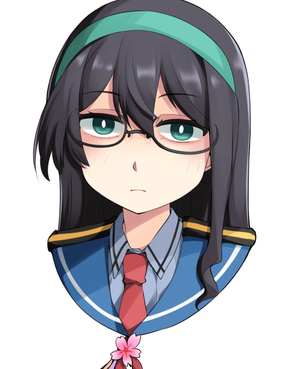 1girl black_hair blue_sailor_collar epaulettes glasses green_eyes green_hairband hairband kantai_collection long_hair necktie okitarou_(okiyo) ooyodo_(kancolle) red_necktie sailor_collar semi-rimless_eyewear simple_background solo under-rim_eyewear upper_body white_background