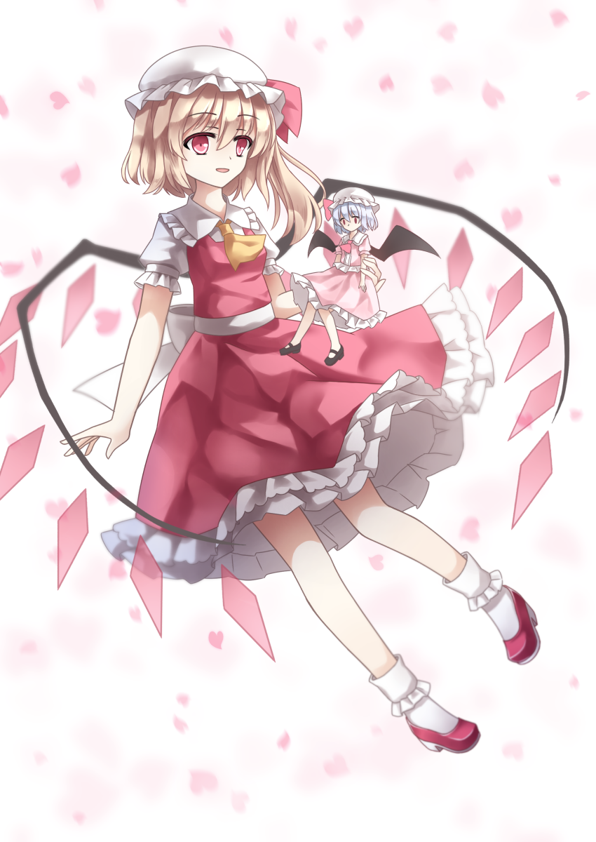 2girls ascot back_bow bat_wings black_footwear blonde_hair blue_hair bobby_socks bow breasts collared_shirt falling_petals flandre_scarlet frilled_shirt_collar frilled_skirt frilled_sleeves frills full_body hair_between_eyes highres holding large_bow mechrailgun medium_hair mini_person minigirl multiple_girls one_side_up open_mouth petals pink_ascot pink_background pink_shirt pink_skirt red_eyes red_footwear red_skirt red_vest remilia_scarlet shirt skirt skirt_set small_breasts socks solid_oval_eyes touhou vest white_bow white_headwear white_shirt white_socks wings yellow_ascot
