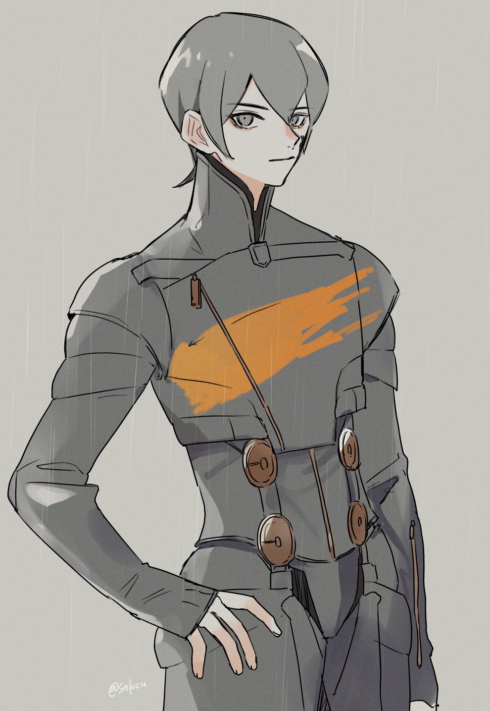 1boy closed_mouth collared_jacket cowboy_shot digital_devil_saga grey_background grey_eyes grey_hair grey_jacket grey_pants hair_between_eyes hand_on_own_hip high_collar highres jacket konbanha06 long_sleeves looking_at_viewer male_focus pants serph short_hair simple_background sleeves_past_wrists solo twitter_username zipper_pull_tab