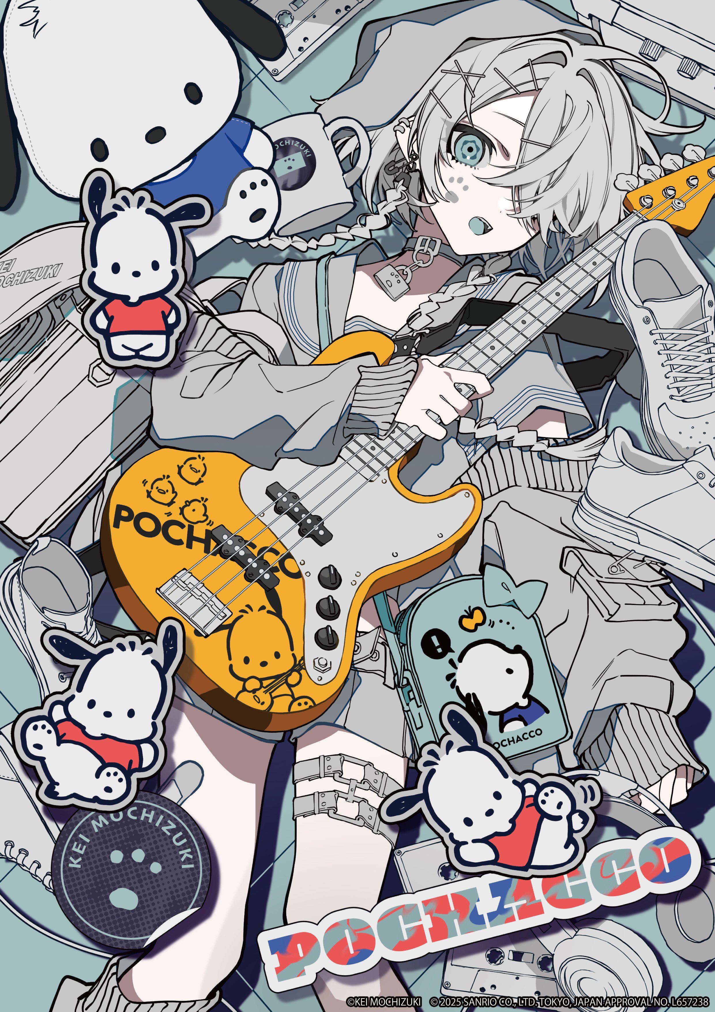 1girl absurdres artist_name backpack bag choker cup grey_choker grey_hair guitar hair_ornament hair_over_one_eye hairpin headphones highres instrument looking_at_viewer mochizuki_kei open_mouth pochacco randoseru sanrio solo teacup thigh_strap thighs x_hair_ornament