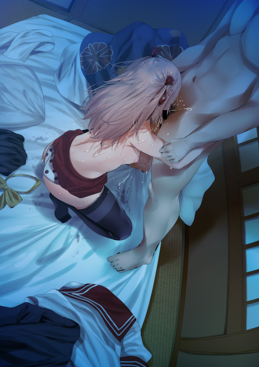 1boy 1girl ass bad_id bad_twitter_id bar_censor black_thighhighs bow bowtie breasts censored clothed_female_nude_male clothes_lift condom drooling fellatio food_print from_above from_side fruit_print full_body fumihiko_(fu_mihi_ko) futon gojou_wakana hair_ornament hetero highres hug_and_suck indoors inui_sajuna long_hair male_pubic_hair nipples nude oral panties pillow pink_hair print_panties pubic_hair red_skirt saliva skirt skirt_lift sliding_doors small_breasts sono_bisque_doll_wa_koi_wo_suru squatting strawberry_print tatami thighhighs thighs topless_female two_side_up underwear unworn_bowtie unworn_clothes used_condom white_panties