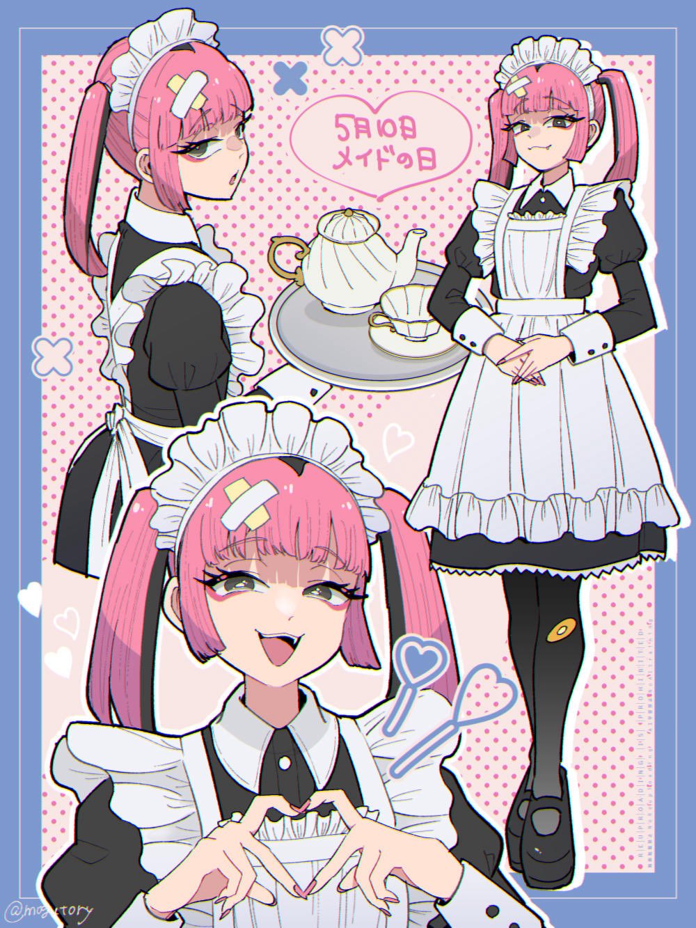 1girl :3 alternate_costume apron bandaid bandaid_hair_ornament black_dress black_eyes black_hair black_pantyhose black_shoes blue_border border bright_pupils closed_mouth collared_dress commentary_request coral_(pokemon) cropped_legs crossed_bandaids cup dress enmaided eyelashes eyeliner fang fang_out four-finger_heart_hands frilled_apron frills full_body hair_ornament heart heart_hands highres juliet_sleeves long_sleeves looking_at_viewer maid maid_apron maid_day maid_headdress makeup mary_janes moe_moe_kyun! mogutory multicolored_hair multiple_views nail_polish nintendo open_mouth outside_border pantyhose pink_eyeliner pink_hair pink_nails pokemon pokemon_(anime) pokemon_horizons puffy_sleeves saucer shoes sidelocks smile standing teacup teapot translation_request tray twintails twitter_username two-tone_hair upper_body very_long_fingernails white_apron white_pupils