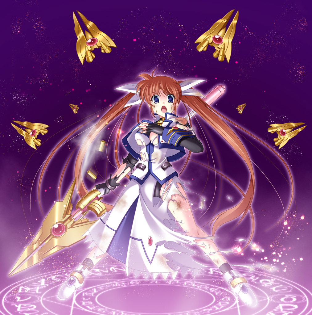 00s 1girl brown_hair burn_mark casing_ejection female_focus fin_funnels fingerless_gloves gloves hair_ribbon injury jacket long_hair lyrical_nanoha magazine_(weapon) magic_circle magical_girl mahou_shoujo_lyrical_nanoha_strikers narutaki_shin open_clothes open_jacket purple_eyes raising_heart raising_heart_(blaster_bit) raising_heart_(exceed_mode) red_hair ribbon scrape shell_casing solo staff takamachi_nanoha takamachi_nanoha_(exceed_mode) torn_clothes twintails very_long_hair