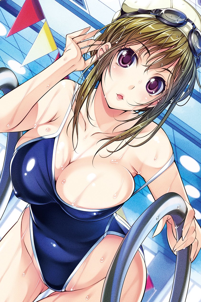 1girl :d adjusting_hair armpits artist_name bare_shoulders bent_over blue_one-piece_swimsuit blush breasts ceiling cleavage commentary_request competition_school_swimsuit cover cover_page covered_erect_nipples covered_navel cowboy_shot dated dutch_angle fingernails flag from_below goggles goggles_on_head green_hair groin hair_up highleg highleg_one-piece_swimsuit highres ikeda_yasuhiro indoors large_breasts long_fingernails long_hair looking_at_viewer one-piece_swimsuit open_mouth original pool_ladder purple_eyes school_swimsuit sideboob sidelocks skindentation smile solo strap_slip swim_cap swimsuit taut_clothes taut_swimsuit thigh_gap tucking_hair wet wet_hair
