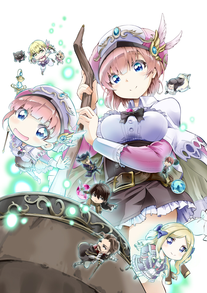 astrid_zexis atelier_(series) atelier_rorona blonde_hair blue_eyes brown_hair cauldron chibi cuderia_von_feuerbach dual_persona facial_hair ludwig_giovanni_arland glasses hahe hat iksel_jahnn lionela_heinze long_hair ludwig_giovanni_arland multiple_boys multiple_girls mustache rorolina_frixell short_hair smile staff sterkenburg_cranach sword tantris tristan_alcock weapon