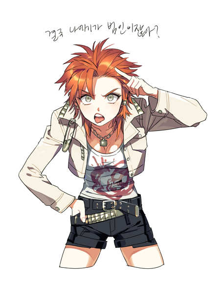 1girl belt black_shorts breasts cleavage commentary_request cowboy_shot cropped_jacket cropped_legs danganronpa:_trigger_happy_havoc danganronpa_(series) dg_xhs finger_to_head genderswap genderswap_(mtf) grey_eyes grey_jacket hand_in_pocket jacket jewelry korean_commentary korean_text kuwata_leon leaning_forward long_hair long_sleeves looking_at_viewer medium_breasts necklace open_clothes open_jacket open_mouth orange_hair shirt short_shorts shorts simple_background solo standing t-shirt tongue tongue_out translation_request v-shaped_eyebrows white_background white_shirt