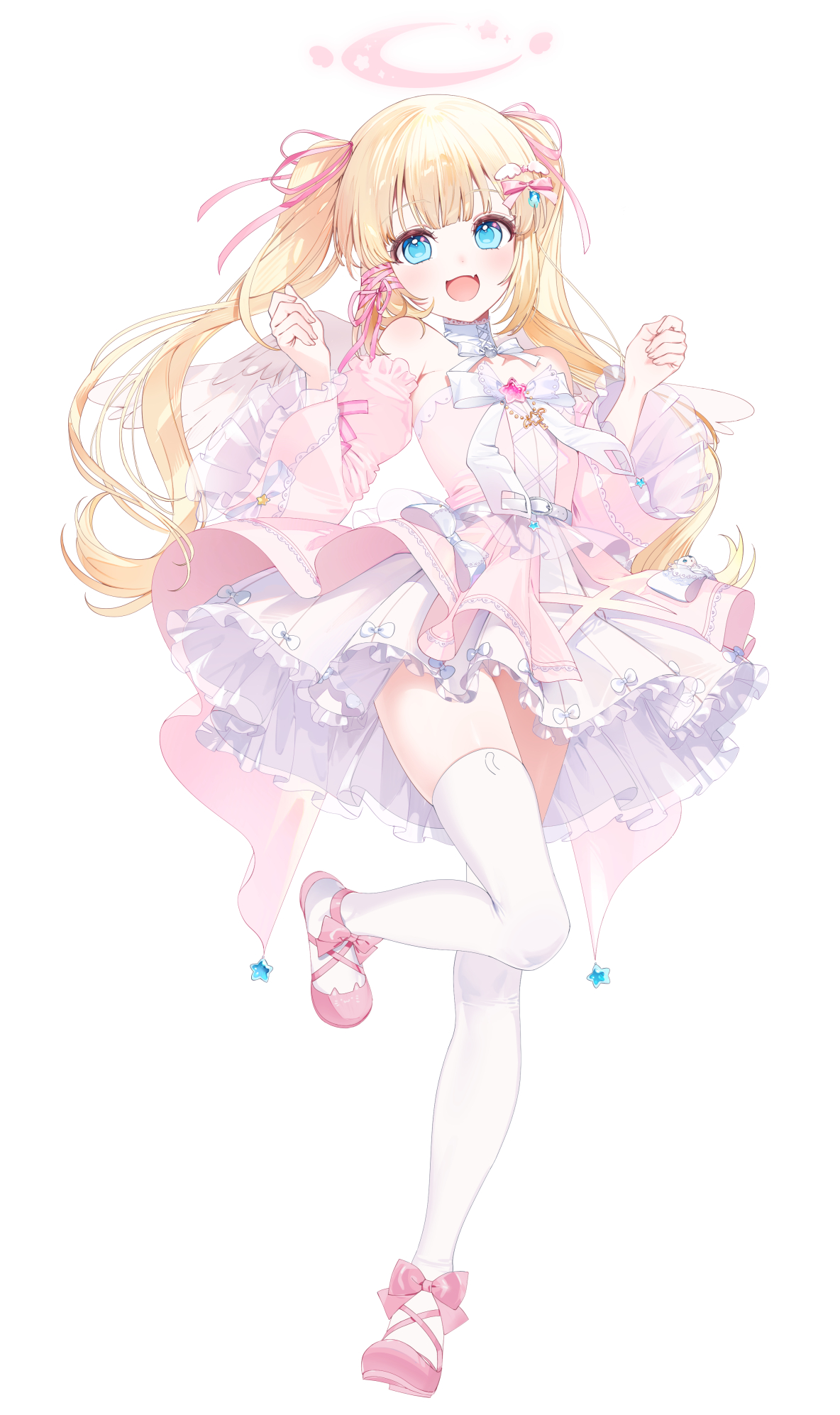 1girl :d a20_(atsumaru) bare_shoulders blonde_hair blue_eyes blush commentary_request detached_sleeves dress fang frilled_dress frilled_sleeves frills full_body hair_ribbon hands_up highres indie_virtual_youtuber looking_at_viewer official_art open_mouth pink_dress pink_ribbon pink_shoes pink_sleeves ribbon shoes simple_background skin_fang smile solo standing standing_on_one_leg thighhighs twintails virtual_youtuber white_background white_thighhighs wide_sleeves yuzuki_ruina