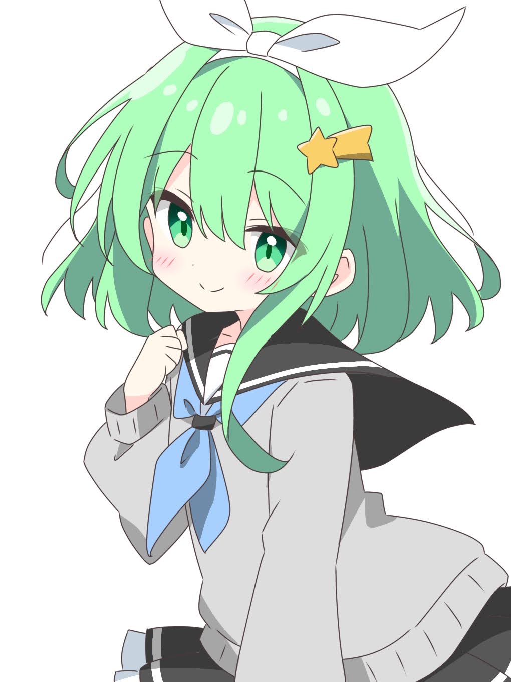 1girl black_sailor_collar black_skirt blue_neckerchief blush child closed_mouth commentary_request cowboy_shot dot_nose frilled_skirt frills green_eyes green_hair grey_sweater hair_between_eyes hair_ornament hairband hand_up highres kotatsu-mazoku long_sleeves looking_at_viewer neckerchief original pleated_skirt sailor_collar school_uniform serafuku shooting_star_hair_ornament short_hair simple_background skirt smile solo star_(symbol) star_hair_ornament sweater white_background white_hairband