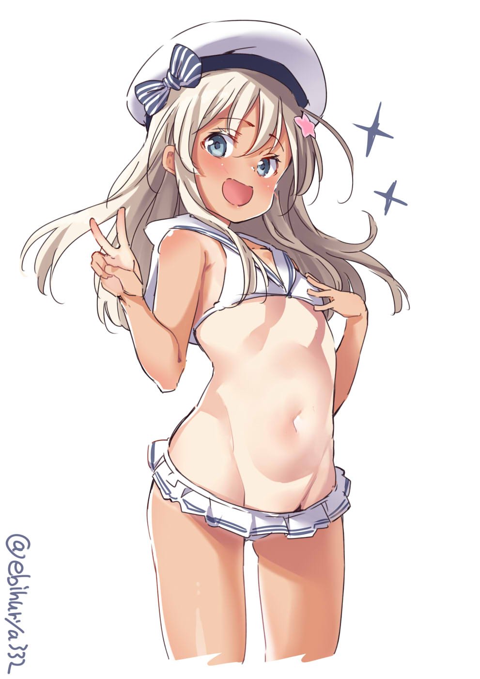 1girl :d adapted_costume artist_name bare_shoulders bikini bikini_skirt blue_eyes blush bow breasts cleavage collarbone cosplay cowboy_shot ebifurya female_focus flat_chest flower gluteal_fold hair_flower hair_ornament hand_on_own_chest hat hat_bow highres kantai_collection long_hair looking_at_viewer lowleg lowleg_bikini navel one-piece_tan open_mouth ro-500_(kancolle) sailor_bikini sailor_collar sailor_hat sidelocks simple_background small_breasts smile solo stomach swimsuit tan tanline thighs twitter_username v white_background white_bikini white_hair z1_leberecht_maass_(kancolle) z1_leberecht_maass_(kancolle)_(cosplay) z1_leberecht_maass_(swimsuit)_(kancolle)