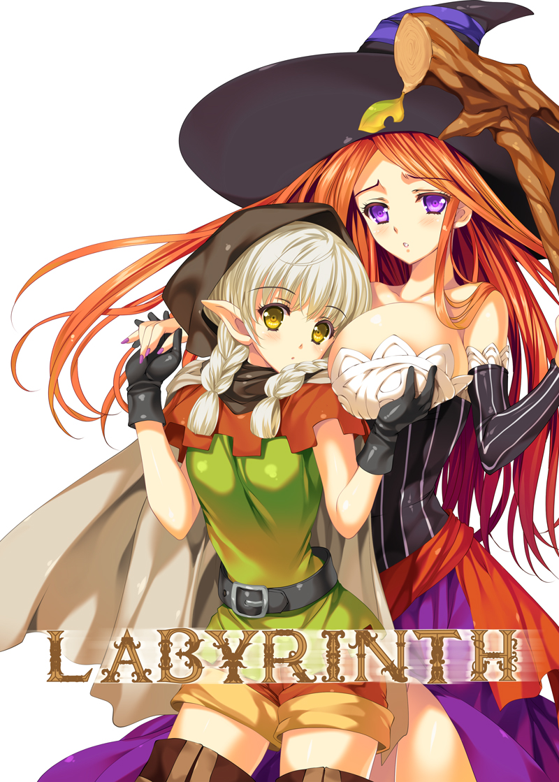 2girls blush braid breasts brown_hair cleavage commentary_request dragon&#039;s_crown dress elbow_gloves elf_(dragon&#039;s_crown) gloves hat holding holding_staff large_breasts looking_at_viewer multiple_girls pointy_ears purple_eyes revision simple_background sorceress_(dragon&#039;s_crown) staff standing tamiya_akito twin_braids white_background witch witch_hat yellow_eyes