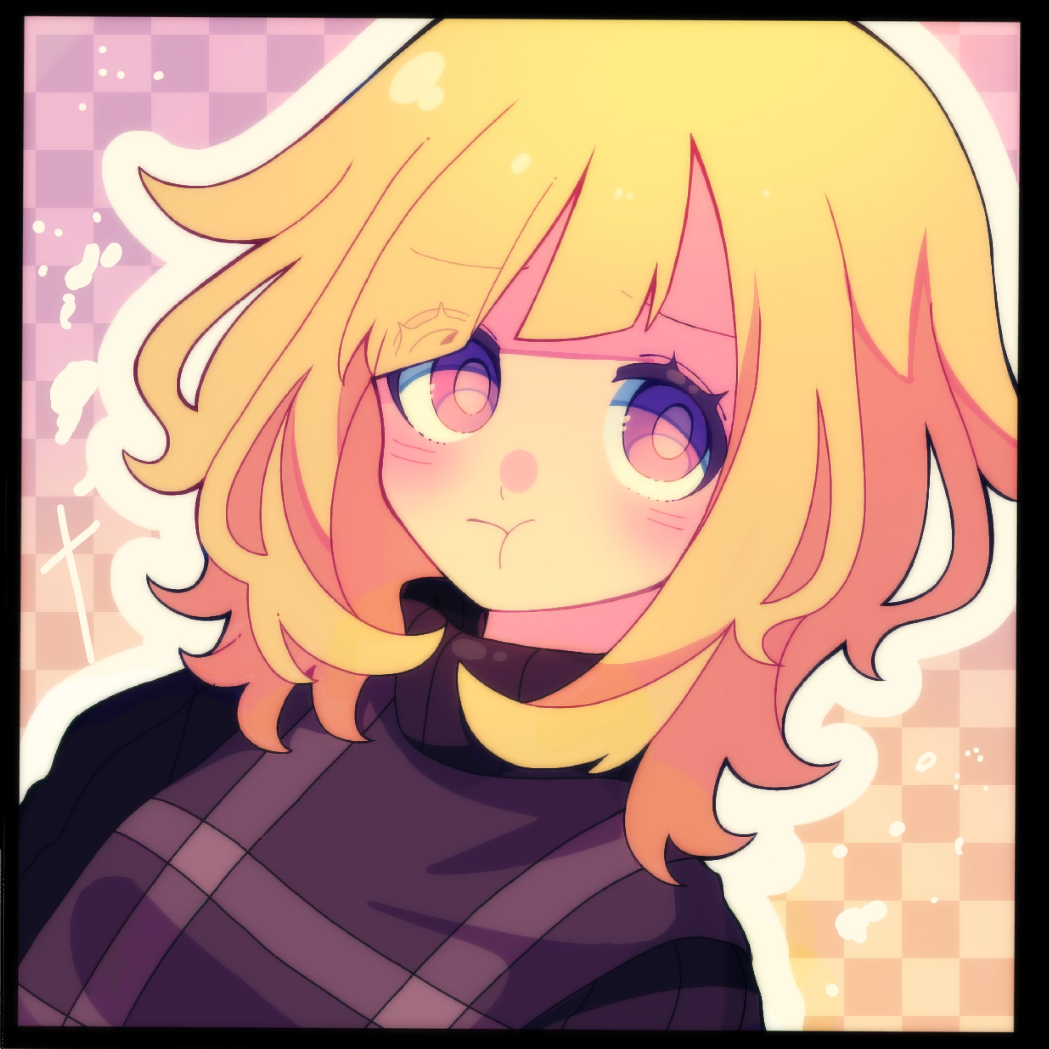 1girl :t black_border black_sweater blonde_hair blush border checkered_background closed_mouth commentary gradient_background highres medium_hair multicolored_eyes ohamihaeru plaid_clothes plaid_sweater_vest plaid_vest purple_eyes purple_sweater_vest solo sweater sweater_vest symbol-only_commentary upper_body urotsuki vest yume_2kki