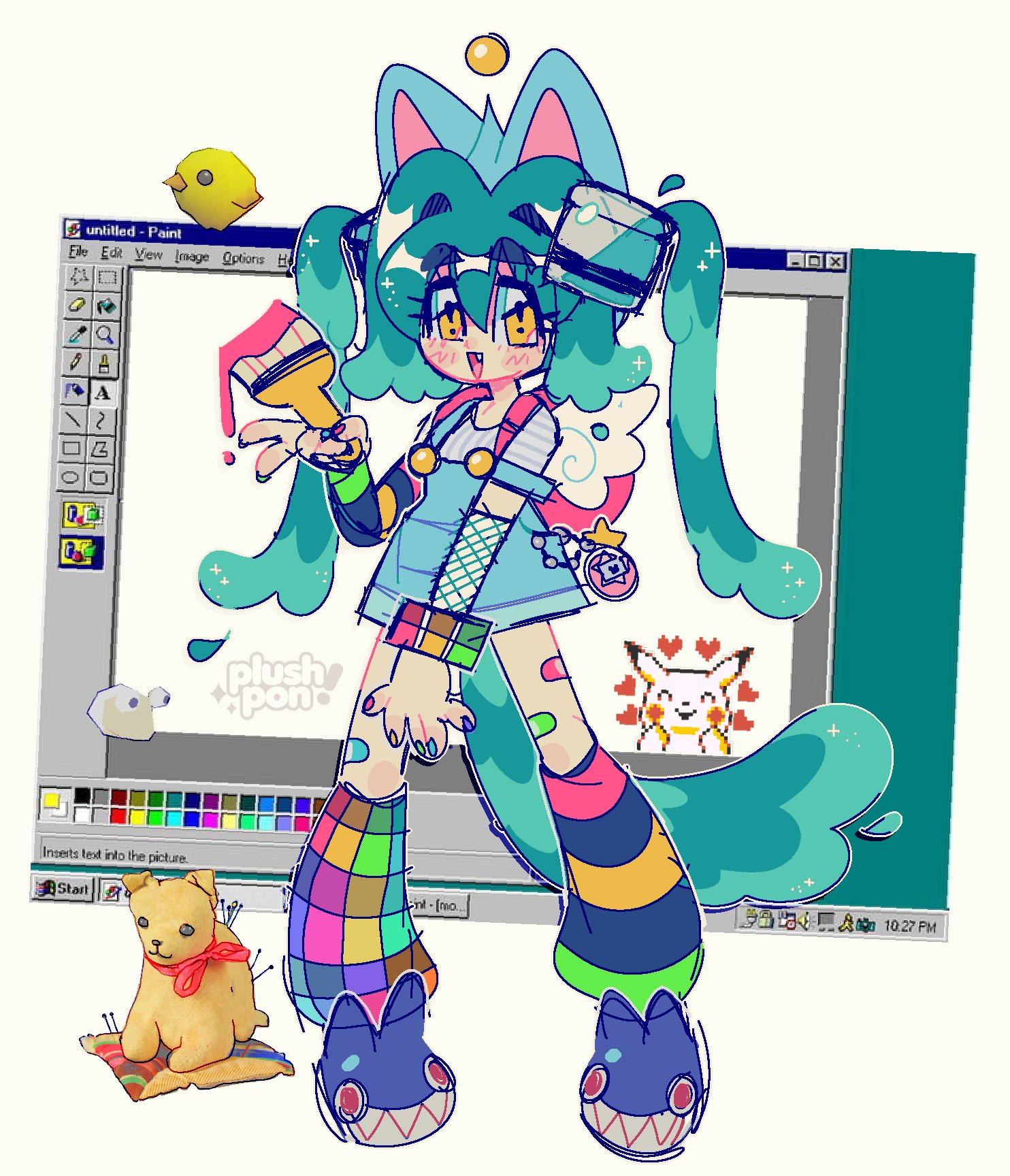 !-shaped_pupils 1girl aim_(messenger) animal_ears aqua_hair bandaid cat_ears cat_girl cat_tail charm_(object) commentary desktop_(computing) english_commentary full_body gen_1_pokemon highres holding holding_paintbrush jaltoid leg_warmers long_hair looking_at_viewer microsoft_paint_(software) microsoft_windows nail_polish nintendo original overalls paintbrush pikachu pokemon pokemon_rgby solo standing stuffed_animal stuffed_toy symbol-shaped_pupils tail tamagotchi tamagotchi_(classic) tamagotchi_(virtual_pet) taskbar twintails virtual_pet_(toy) window_(computing) windows_95 windows_classic wings yellow_eyes