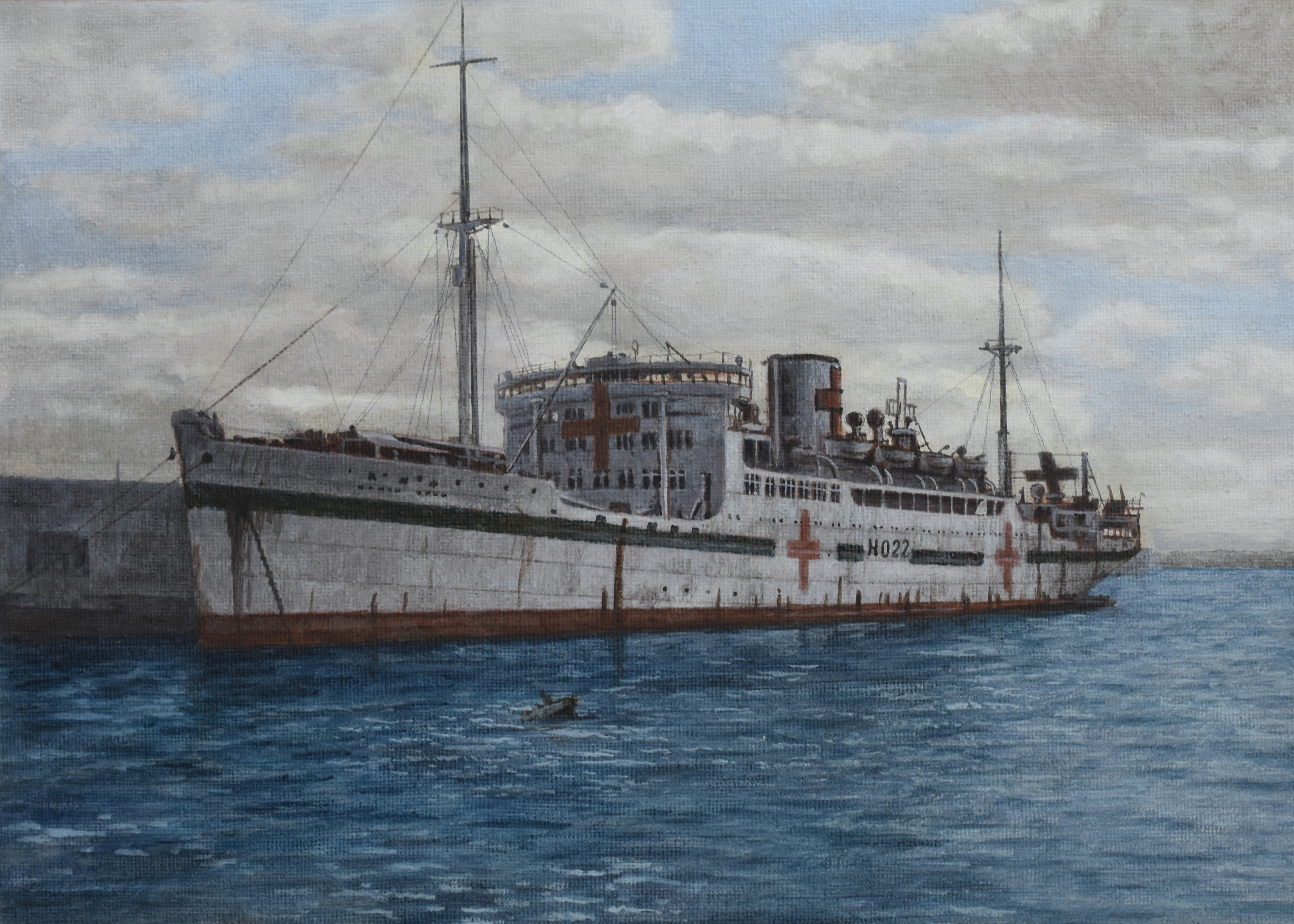 absurdres acrylic_paint_(medium) atelier_bono crane_(machine) cross highres hikawa_maru_(hospital_ship) hospital_ship mast no_humans ocean original painting_(medium) port red_cross rust ship sky smokestack traditional_media vehicle_focus watercraft