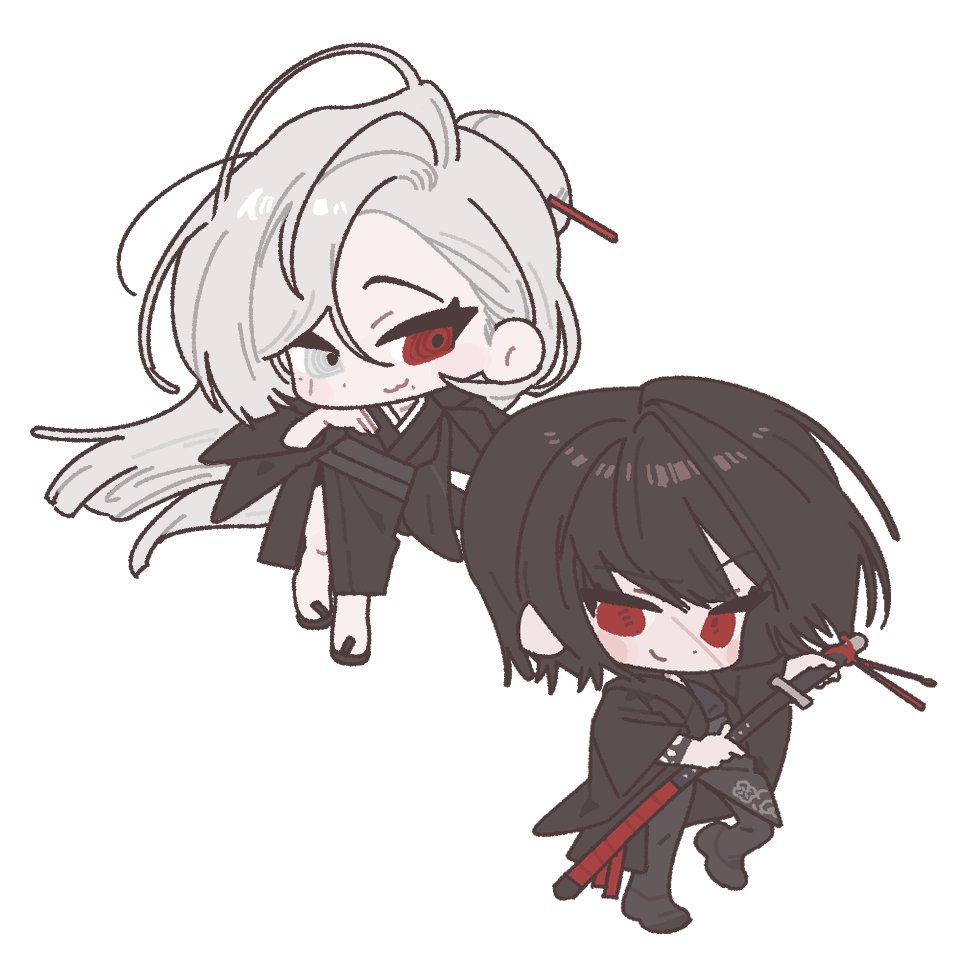 2girls :3 artist_request black_hair black_kimono black_pants black_shoes bob_cut check_artist closed_mouth full_body grey_eyes grey_hair hair_bun hands_up hetero holding holding_sword holding_weapon japanese_clothes kimono limbus_company long_hair multiple_girls ootachi original pants project_moon red_eyes reo_(rw0419) rw0419 ryoshu_(project_moon) shoes short_hair smile sword very_long_hair weapon white_hair