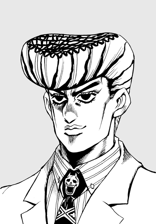 1boy alternate_hairstyle araki_hirohiko_(style) ashiro_(collective-mind) commentary_request diamond_wa_kudakenai formal_clothes greyscale jojo_no_kimyou_na_bouken kawajiri_kosaku kira_yoshikage male_focus monochrome necktie official_style pompadour shirt smile solo striped_clothes striped_shirt suit