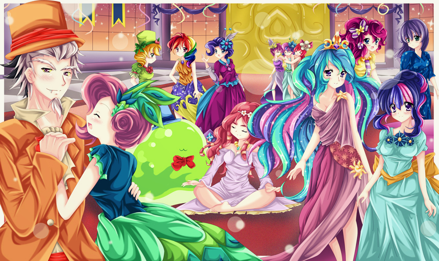 1boy 6+girls apple_bloom applejack banner princess_celestia commentary discord_(my_little_pony) fluttershy kiriche princess_luna maud_pie multiple_girls my_little_pony pinkie_pie rainbow_dash rarity_(my_little_pony) scootaloo siblings sisters smooze sweetie_belle tree_hugger twilight_sparkle