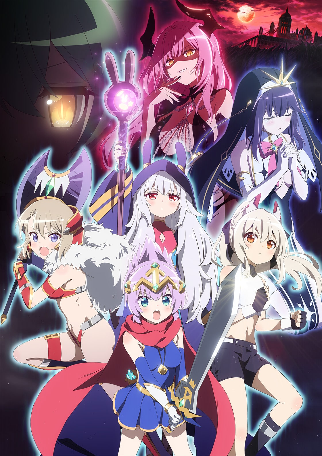 6+girls akashi_(azur_lane) anime_coloring aqua_eyes armor axe ayanami_(azur_lane) ayanami_(dynamic_kick!)_(azur_lane) azur_lane azur_lane:_slow_ahead battle_axe black_gloves castle demon_horns devonshire_(azur_lane) devonshire_(sadistic_demon)_(azur_lane) elbow_gloves fingerless_gloves full_body gloves highres holding holding_axe holding_staff holding_sword holding_weapon horns javelin_(a_legend_is_born?!)_(azur_lane) javelin_(azur_lane) key_visual laffey_(azur_lane) laffey_(sleepageddon)_(azur_lane) liverpool_(azur_lane) liverpool_(breeze_of_blessing)_(azur_lane) mage_staff midriff multiple_girls official_alternate_costume official_art poster_(medium) promotional_art purple_hair staff sword weapon white_gloves yellow_eyes z23_(azur_lane) z23_(upgrade_failure?!)_(azur_lane)
