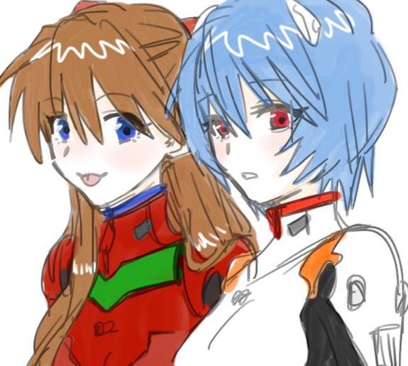 2girls :3 artist_request ayanami_rei blue_eyes blue_hair bodysuit breasts brown_hair chibi hair_between_eyes long_hair looking_at_another looking_at_viewer mecha_pilot_suit multiple_girls neon_genesis_evangelion plugsuit_(evangelion) red_bodysuit red_eyes shiny_clothes short_hair sketch smile souryuu_asuka_langley tongue tongue_out tsundere two_side_up upper_body white_background wide_hips