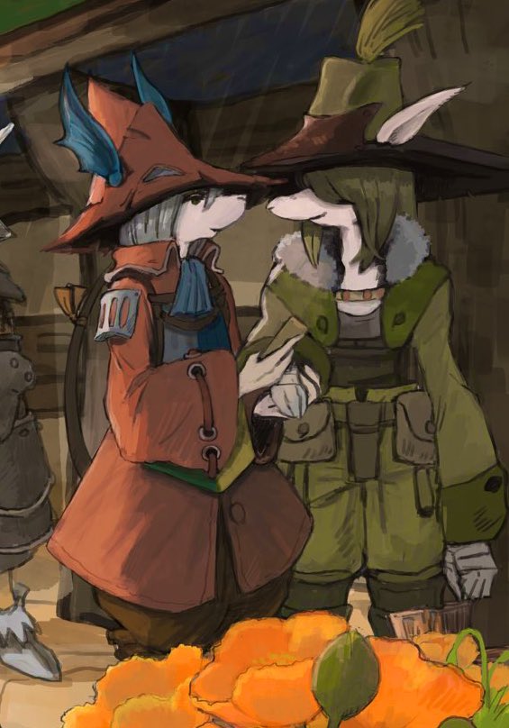1boy 1girl armor ascot blue_ascot brown_pants burmecian coat final_fantasy final_fantasy_ix fratley freija_crescent fur-trimmed_coat fur_trim green_coat green_hair green_pants grey_hair hair_between_eyes hair_over_eyes helmet holding_hands long_sleeves medium_hair mouse_boy mouse_girl pants puffy_pants red_coat ribbon shoulder_armor soraoyogusakana tail tail_ornament tail_ribbon wide_sleeves winged_helmet