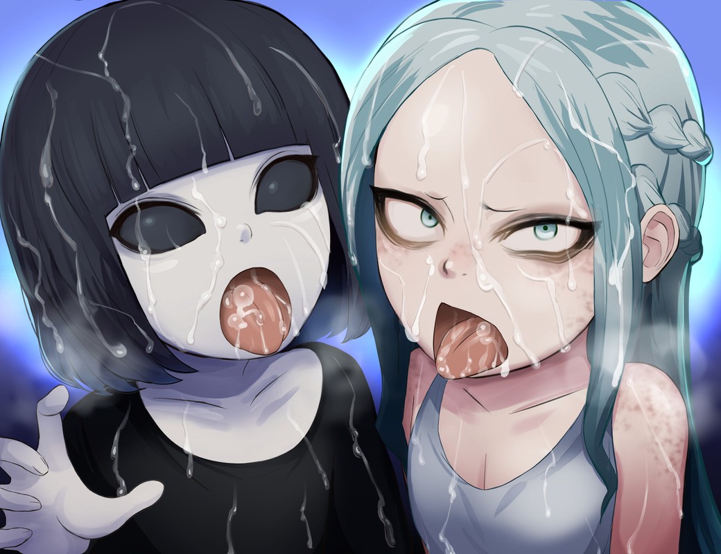 2girls 4066 after_fellatio annoyed aqua_eyes black_hair black_sclera black_shirt blue_background bukkake burn_scar collarbone colored_sclera colored_skin cum cum_in_mouth cum_on_body cum_on_hair cum_on_tongue cum_on_upper_body dress embarrassed emily_wants_to_play eyeliner facial female_focus gradient_background grey_hair implied_hetero loli long_hair looking_at_viewer makeup medium_hair monster_girl multiple_girls open_mouth pale_skin pov scar shirt short_sleeves simple_background sleeveless sleeveless_dress tongue tongue_out upper_body variant_set white_dress white_eyes white_skin