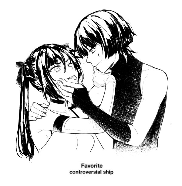 1boy 1girl alternate_costume armor bare_shoulders blunt_bangs blunt_ends bow camisole choker closed_mouth collarbone couple deep_skin elbow_gloves eyelashes grabbing_another&#039;s_face fingernails genshin_impact gloves hair_between_eyes hair_bow hand_on_another&#039;s_cheek hand_on_another&#039;s_chin hand_on_another&#039;s_face hand_on_another&#039;s_shoulder hetero japanese_armor kote long_hair looking_at_another looking_up lowered_eyelids mona_(genshin_impact) monochrome one_eye_closed parted_bangs pushing_away pushing_face scaramouche_(genshin_impact) sidelocks sideways_mouth single_hair_intake solreiru spaghetti_strap star_(symbol) star_choker sweatdrop tongue tongue_out twintails upper_body