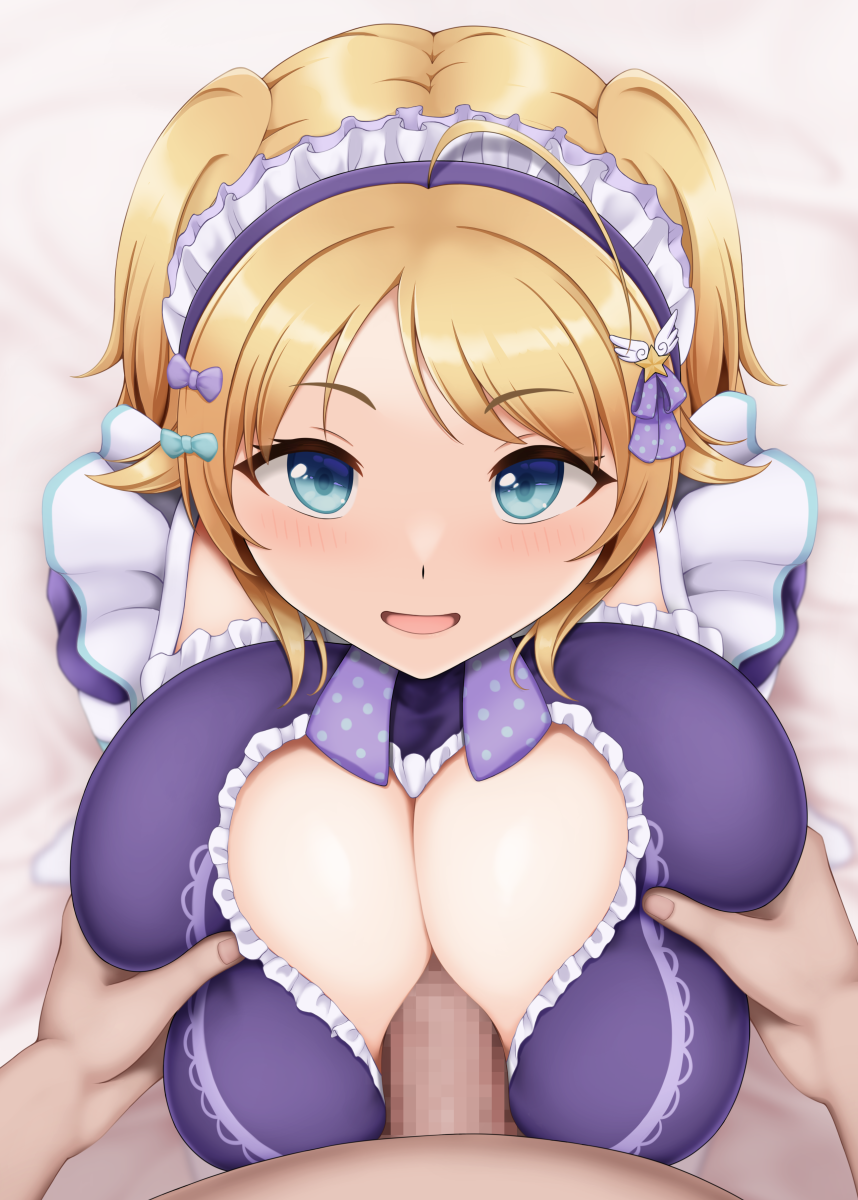 1boy 1girl ahoge akebi_konoha blonde_hair blue_eyes blush breasts breasts_squeezed_together censored cleavage cleavage_cutout clothing_cutout dot_nose frilled_hairband frills grabbing_another&#039;s_breast groping hachimiya_meguru hair_ornament hairband hairclip hetero highres huge_breasts idolmaster idolmaster_shiny_colors looking_at_viewer mosaic_censoring open_mouth paizuri paizuri_under_clothes penis purple_hairband short_hair smile star_(symbol) star_hair_ornament twintails upper_body