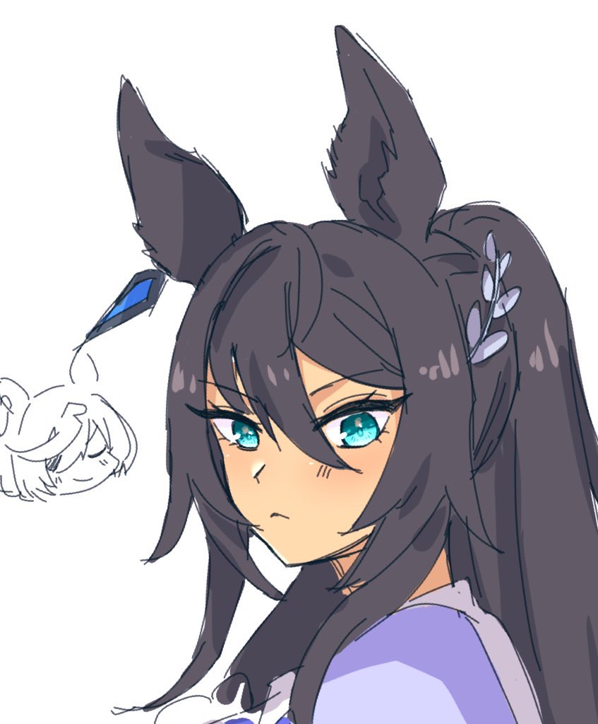 2girls :&lt; animal_ears black_hair blue_eyes closed_eyes closed_mouth commentary_request dark-skinned_female dark_skin earrings eyepatch hair_between_eyes hair_ornament hairclip hide_oo horse_ears horse_girl jewelry long_hair looking_at_viewer multicolored_hair multiple_girls puffy_short_sleeves puffy_sleeves purple_shirt sailor_collar school_uniform shirt short_sleeves simple_background single_earring solo_focus streaked_hair summer_uniform symboli_kris_s_(umamusume) tanino_gimlet_(umamusume) tracen_school_uniform umamusume upper_body v-shaped_eyebrows white_background