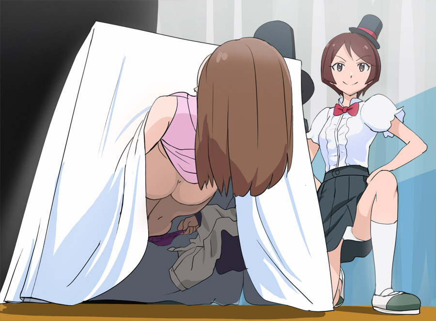 2girls ass black_skirt breasts character_request closed_mouth haruyama_kazunori hat long_hair looking_at_viewer multiple_girls panties precure sakuragawa_saki short_hair skirt small_breasts smile top_hat tropical-rouge!_precure underwear white_panties