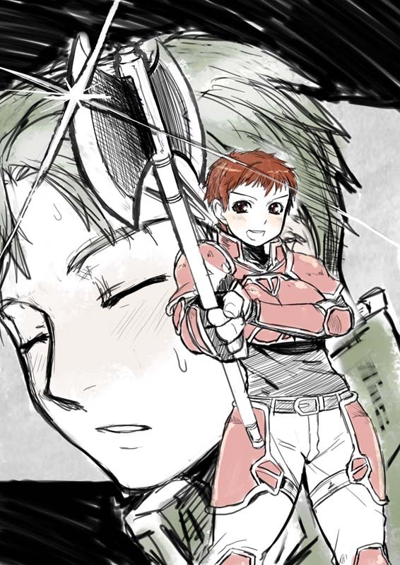 1boy 1girl armor axe blush brown_eyes fingerless_gloves fire_emblem fire_emblem:_path_of_radiance gauntlets genderswap genderswap_(mtf) gloves kieran_(fire_emblem) nintendo oscar_(fire_emblem) red_hair short_hair smile sweatdrop very_short_hair weapon yajiro_masaru
