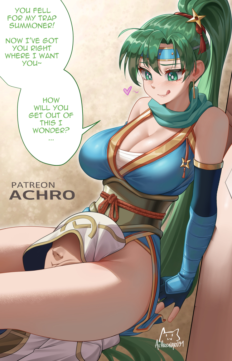 1boy 1girl :p absurdly_long_hair achromaru artist_name bare_shoulders between_breasts between_thighs black_gloves blue_headband breasts cleavage commission earrings english_text fingerless_gloves fire_emblem fire_emblem:_the_blazing_blade fire_emblem_heroes gloves green_eyes green_hair head_between_thighs headband heart high_ponytail jewelry kiran_(fire_emblem) male_kiran_(fire_emblem) large_breasts long_hair lyn_(fire_emblem) lyn_(ninja)_(fire_emblem) ninja nintendo no_panties official_alternate_costume ponytail scarf scissorhold shuriken shuriken_hair_ornament speech_bubble thighs tongue tongue_out very_long_hair weapon